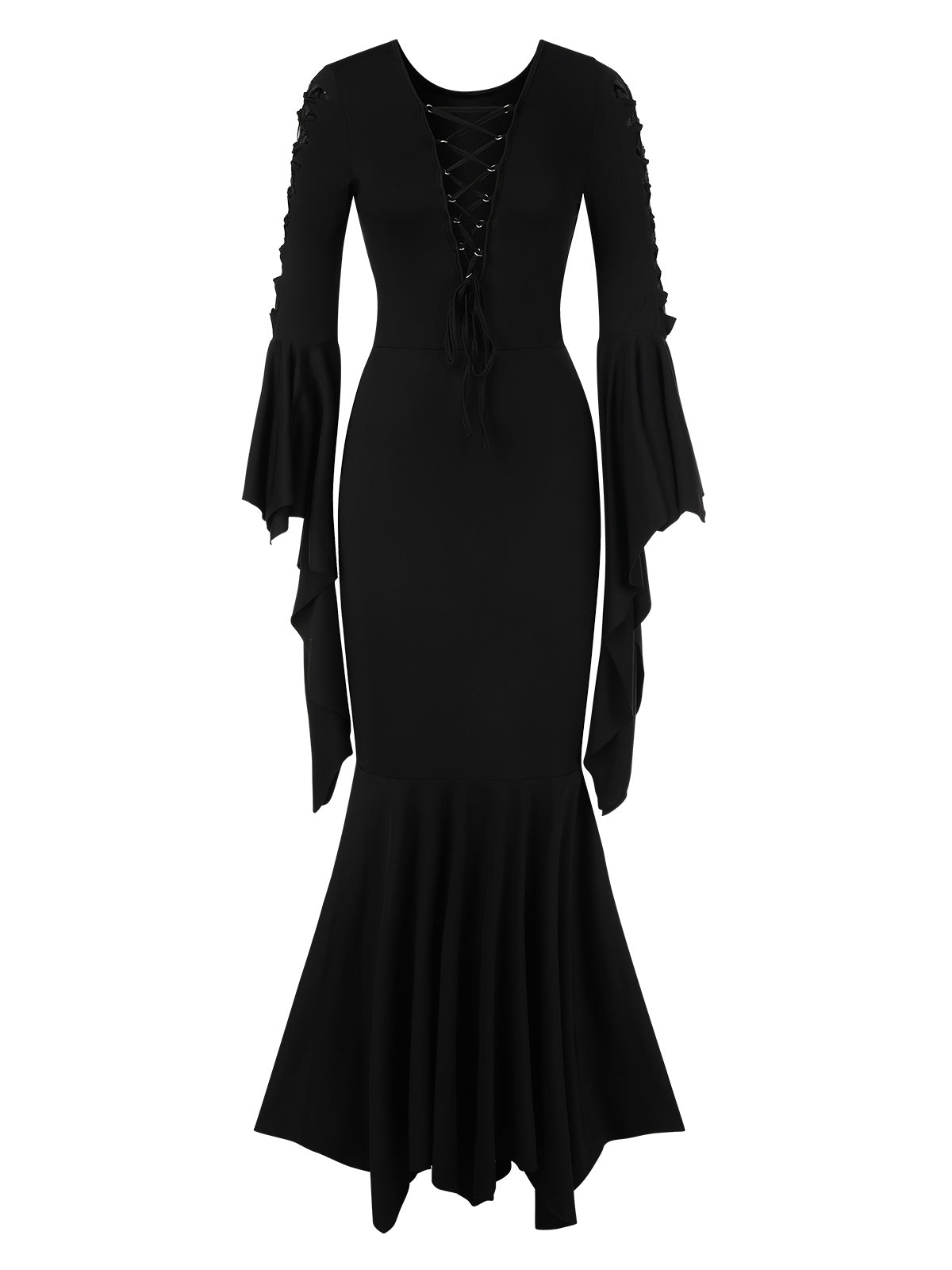 Black 1930s Solid Batwing Lace-Up Fishtail Dress Black / S, 1 of 9