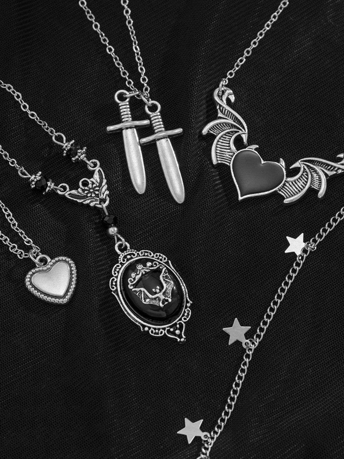 Black Gothic Heart Wings Star Dagger Pendant Necklace Set , 8 of 9