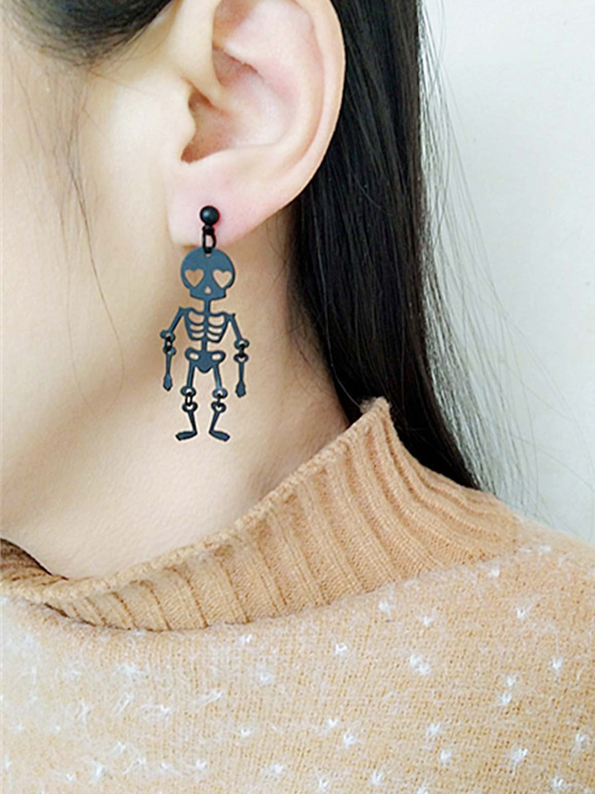 Black Halloween Skeleton Dangle Earrings , 2 of 3