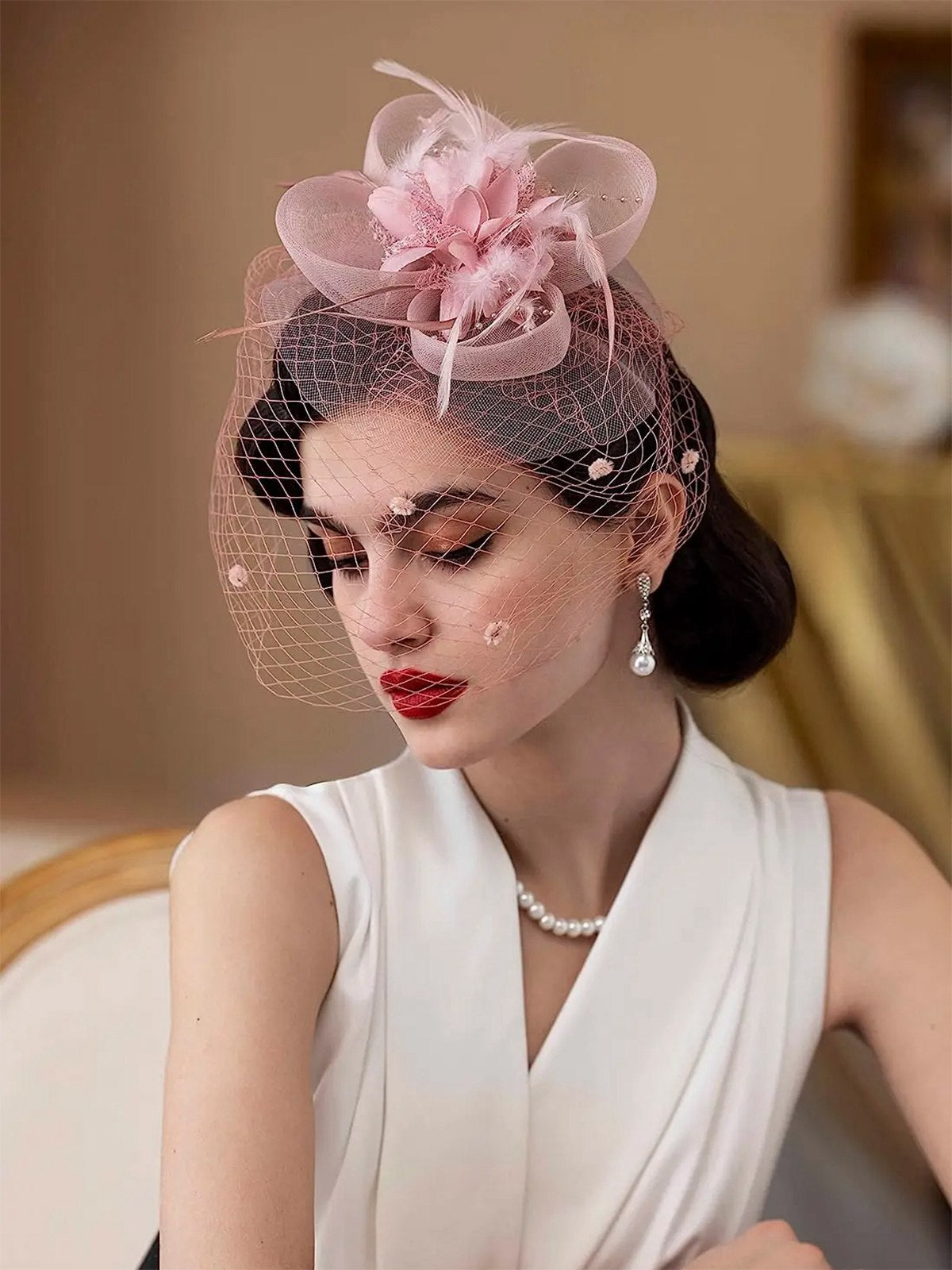 Floral Feather Fascinator Hat With Veil , 3 of 6