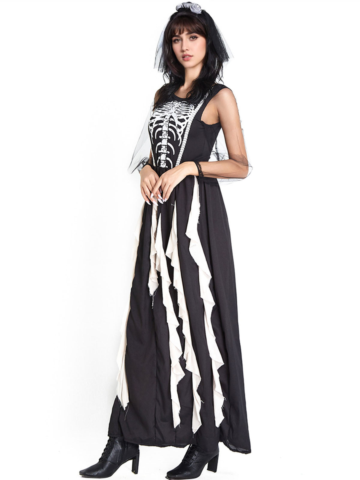 Black Halloween Skeleton Ruffles Dress With Veil , 7 of 11